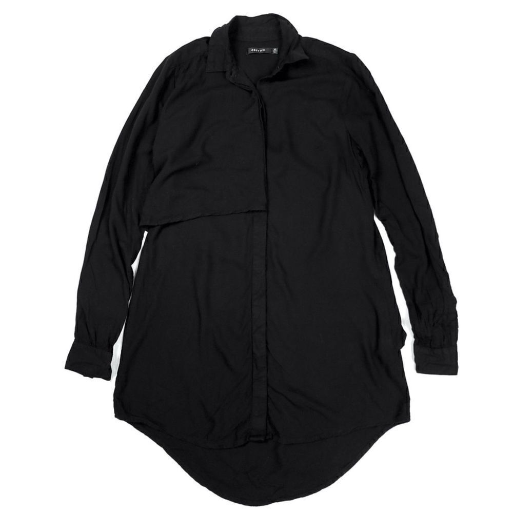 OBEY Asymmetrical Button Front Long Sleeve Mini Shirt Dress in Black Womens XS